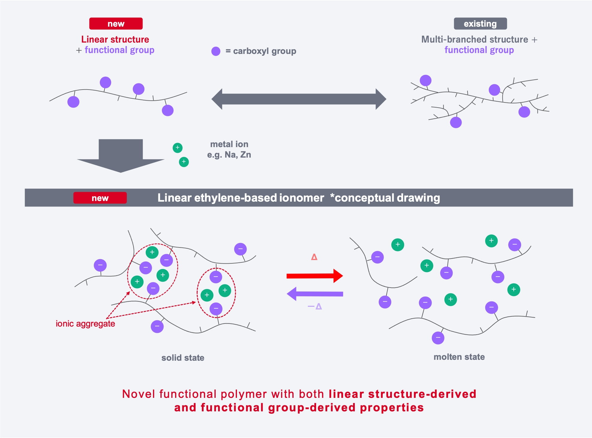 Linear ethylene ionomer developed by Japan Polyethylene Corporation has excellent material properties derived both from the linear structure and the ionomer.